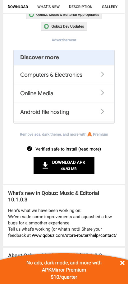 Current APKMirror Qobuz page showing the Download APK control