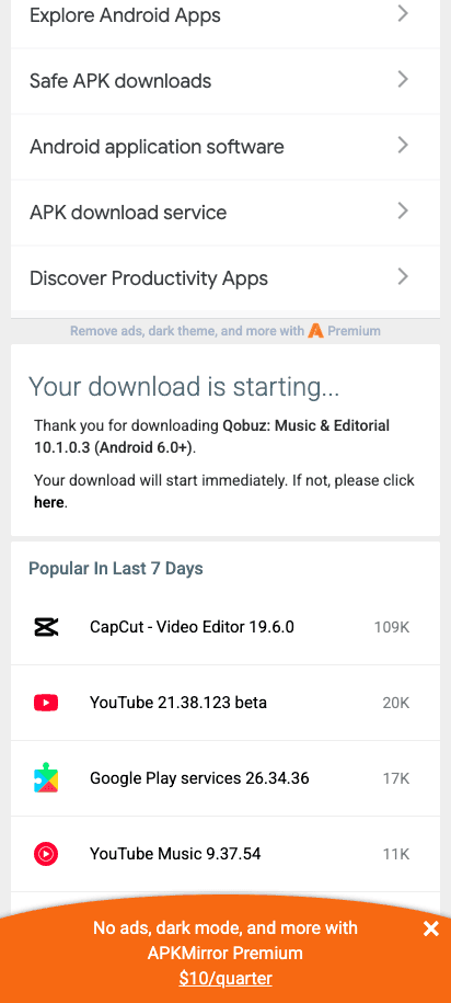 Current APKMirror page confirming that the Qobuz APK download is starting