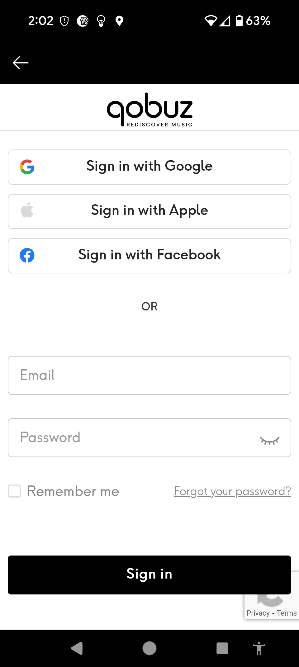 Qobuz Android sign-in screen with email and password fields