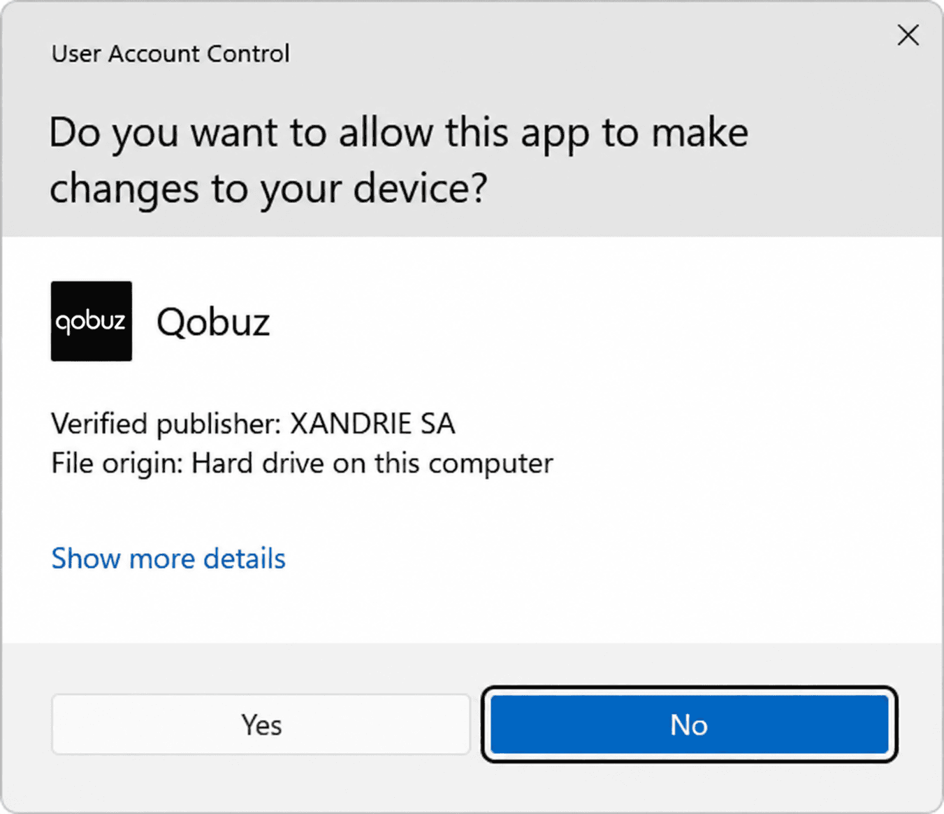 Windows User Account Control permission prompt identifying Qobuz