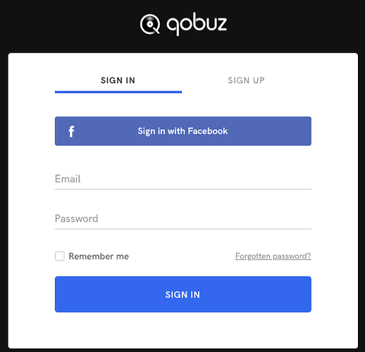Qobuz sign-in form with email and password fields