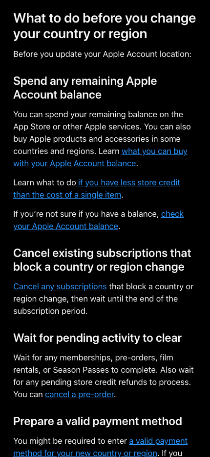 Apple Support checklist shown before changing an Apple Account country or region