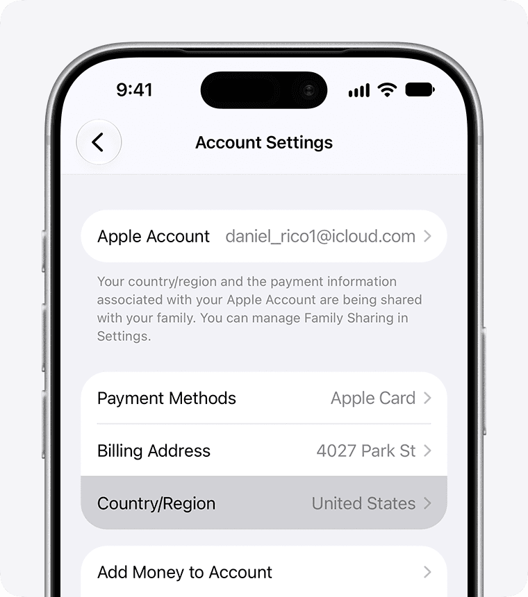 Apple Account Settings screen with Country or Region set to United States