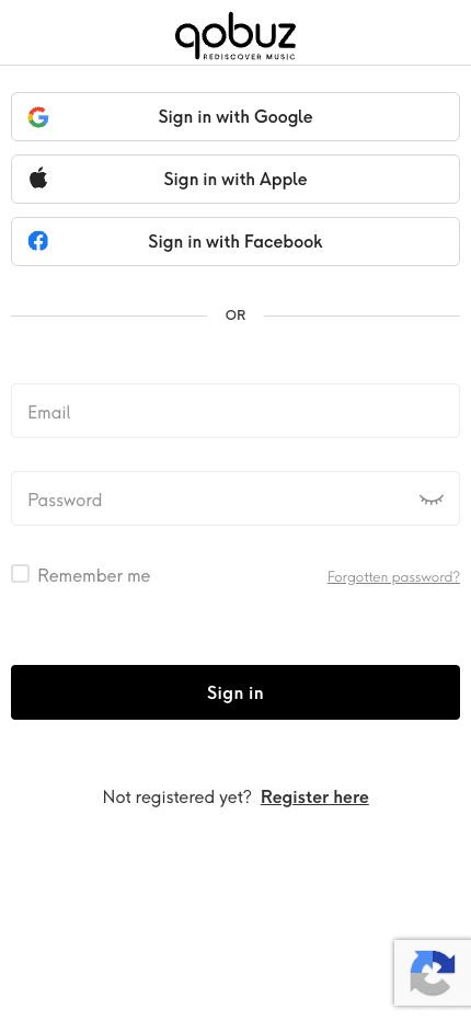 Qobuz sign-in page with Email and Password fields