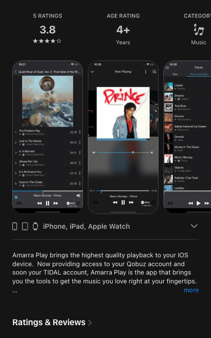 Official Amarra Play listing on Apple's App Store website