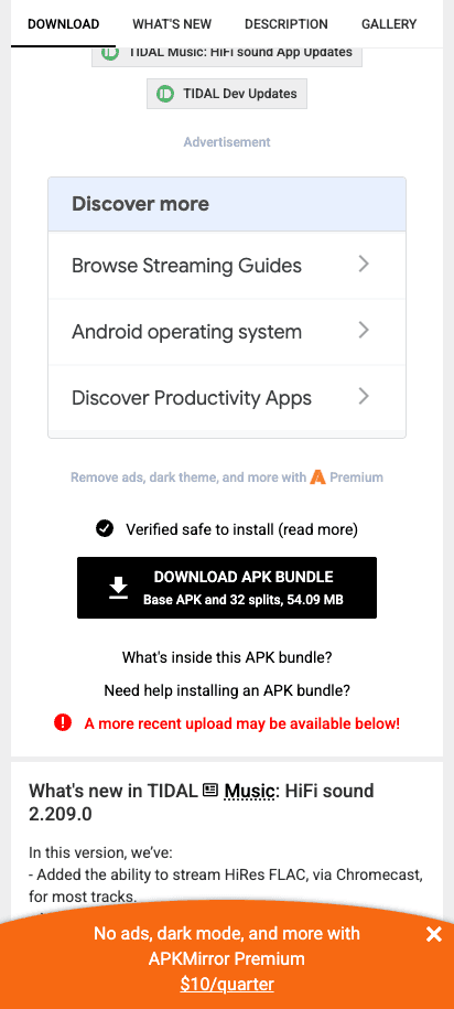 Current APKMirror TIDAL download page showing the Download APK Bundle control