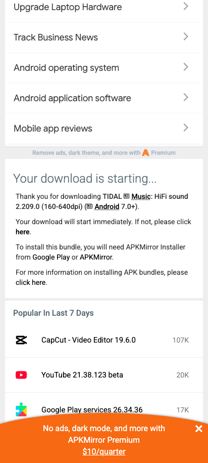 Current APKMirror page confirming that the TIDAL bundle download is starting