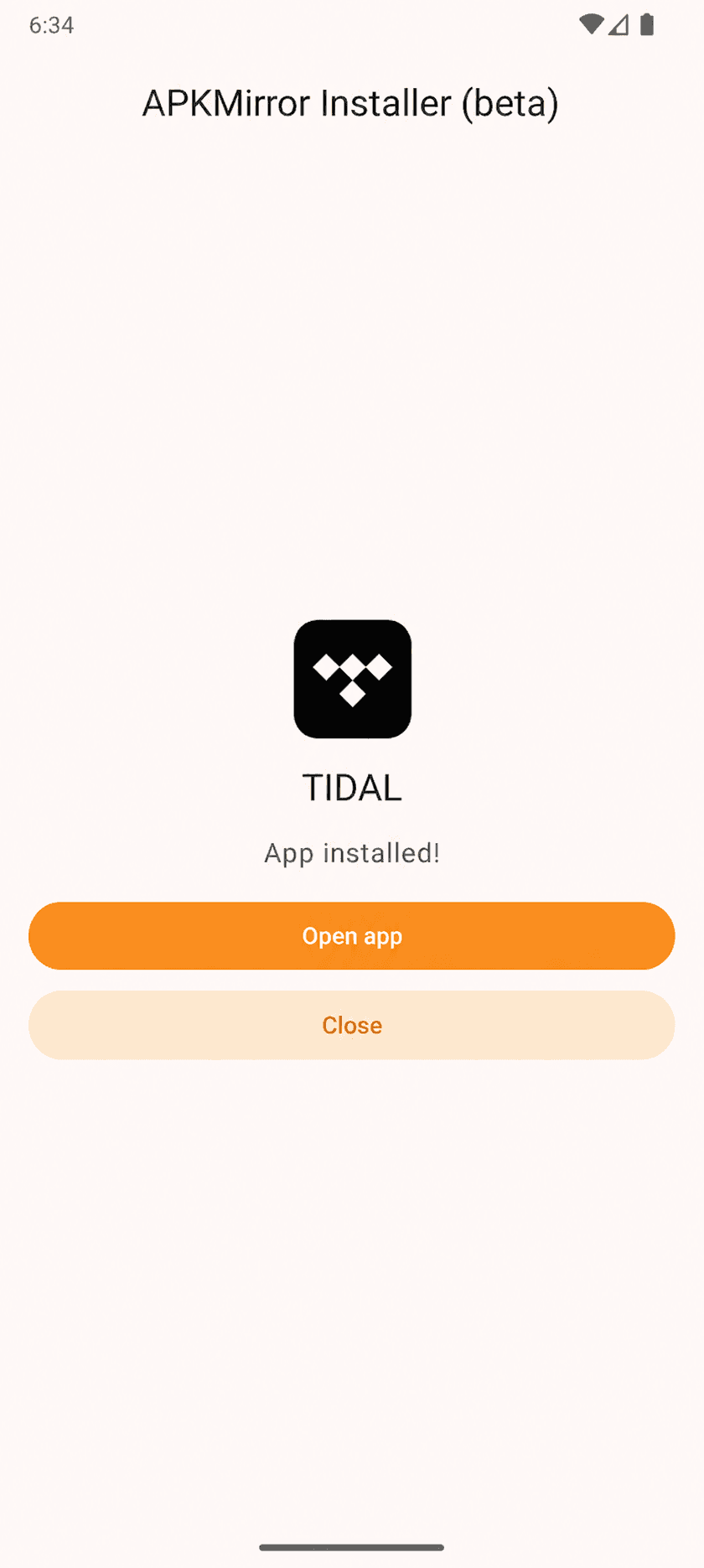 APKMirror Installer showing that TIDAL is installed with the Open app button