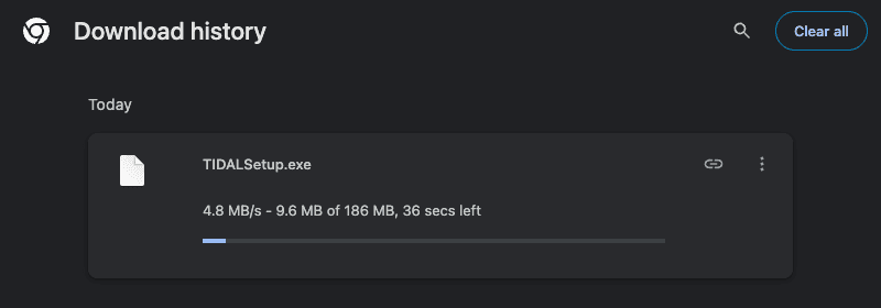Chrome downloads page showing the official TIDALSetup.exe download