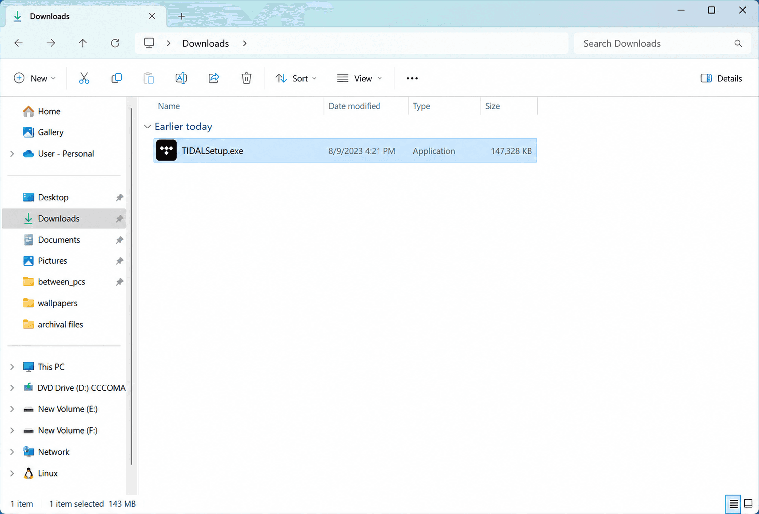 Windows File Explorer showing TIDALSetup.exe selected in Downloads