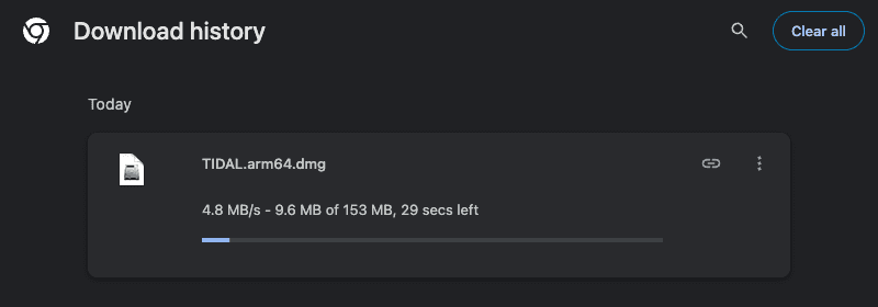 Chrome downloads page showing the official TIDAL Apple chip disk image