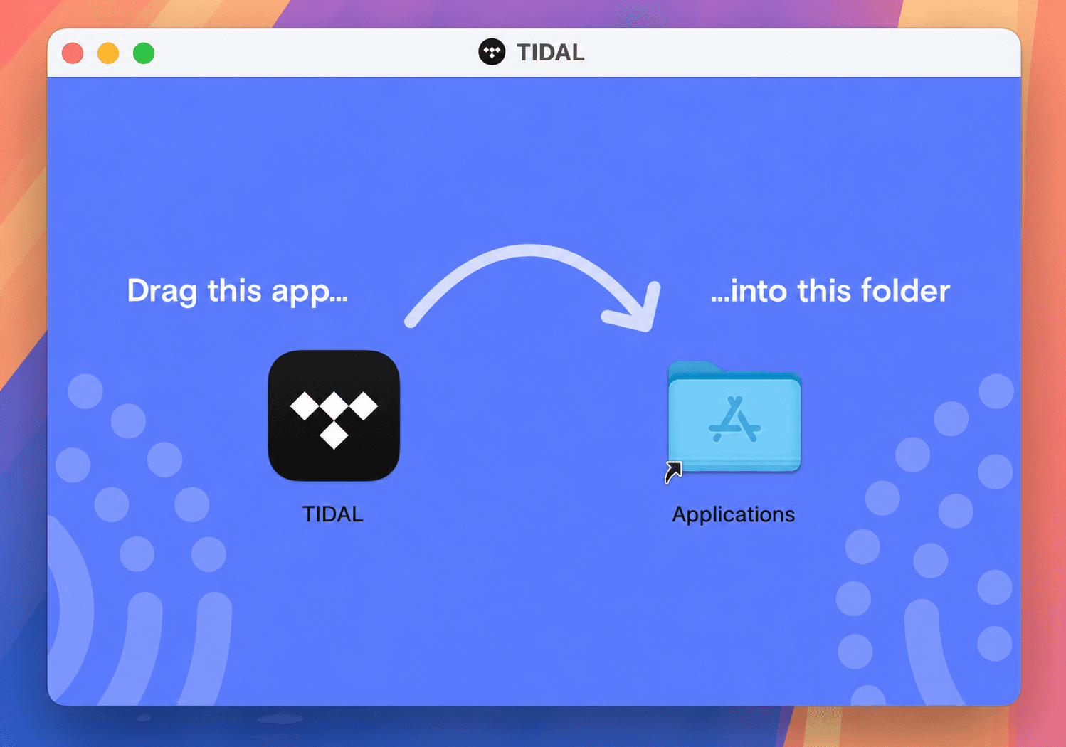 macOS installer window showing the TIDAL icon and Applications folder