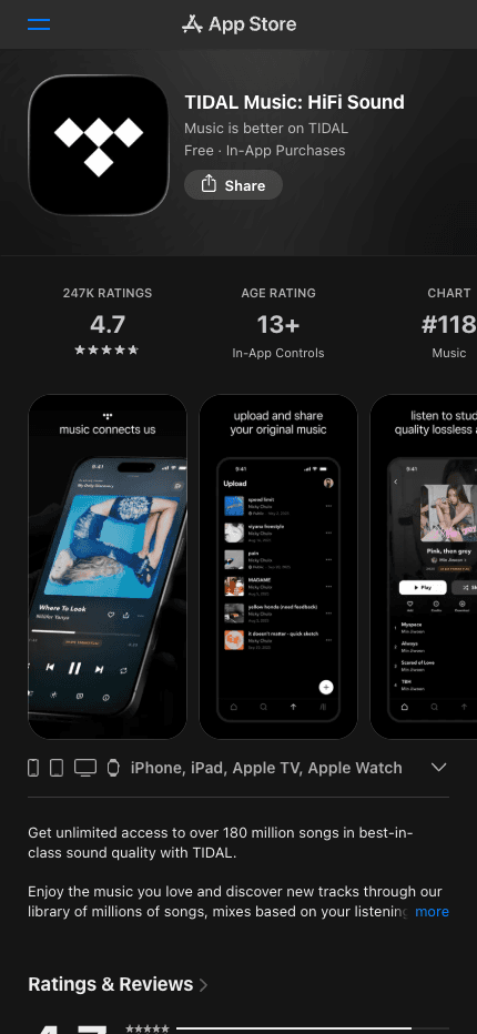 Official TIDAL listing on Apple's App Store website