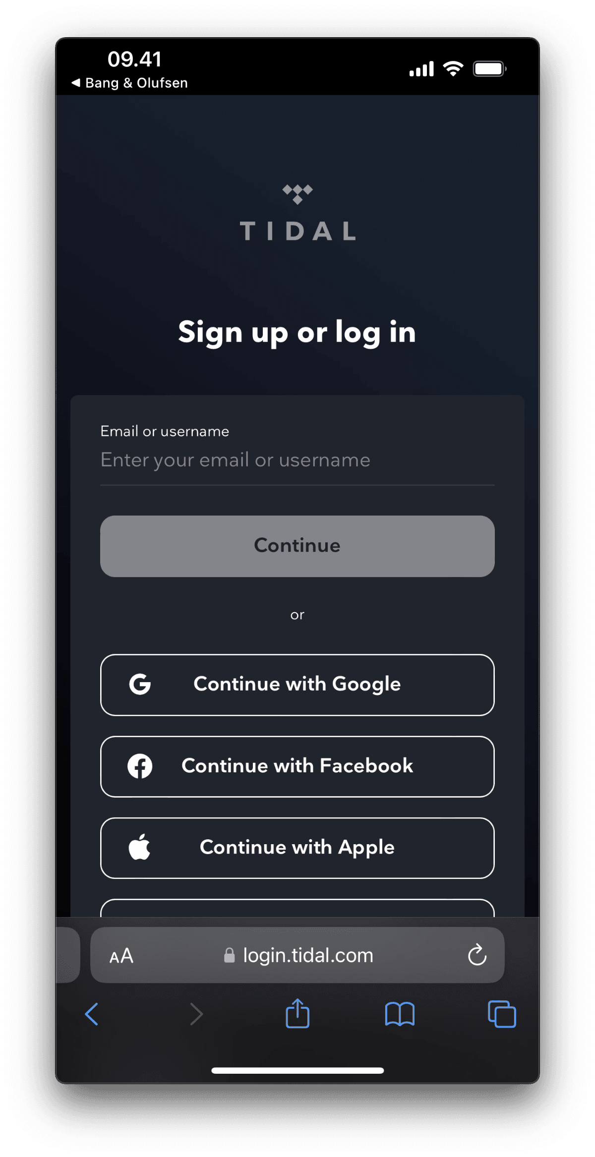 Real TIDAL login page on an iPhone with the email or username field