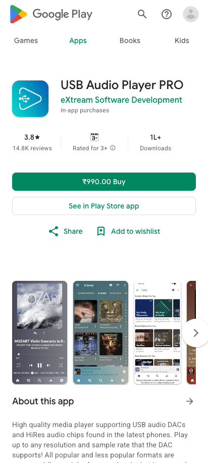 USB Audio Player PRO listing on Google Play