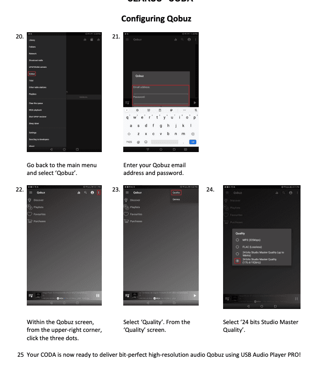 Qobuz selection, login, and quality screens inside USB Audio Player PRO