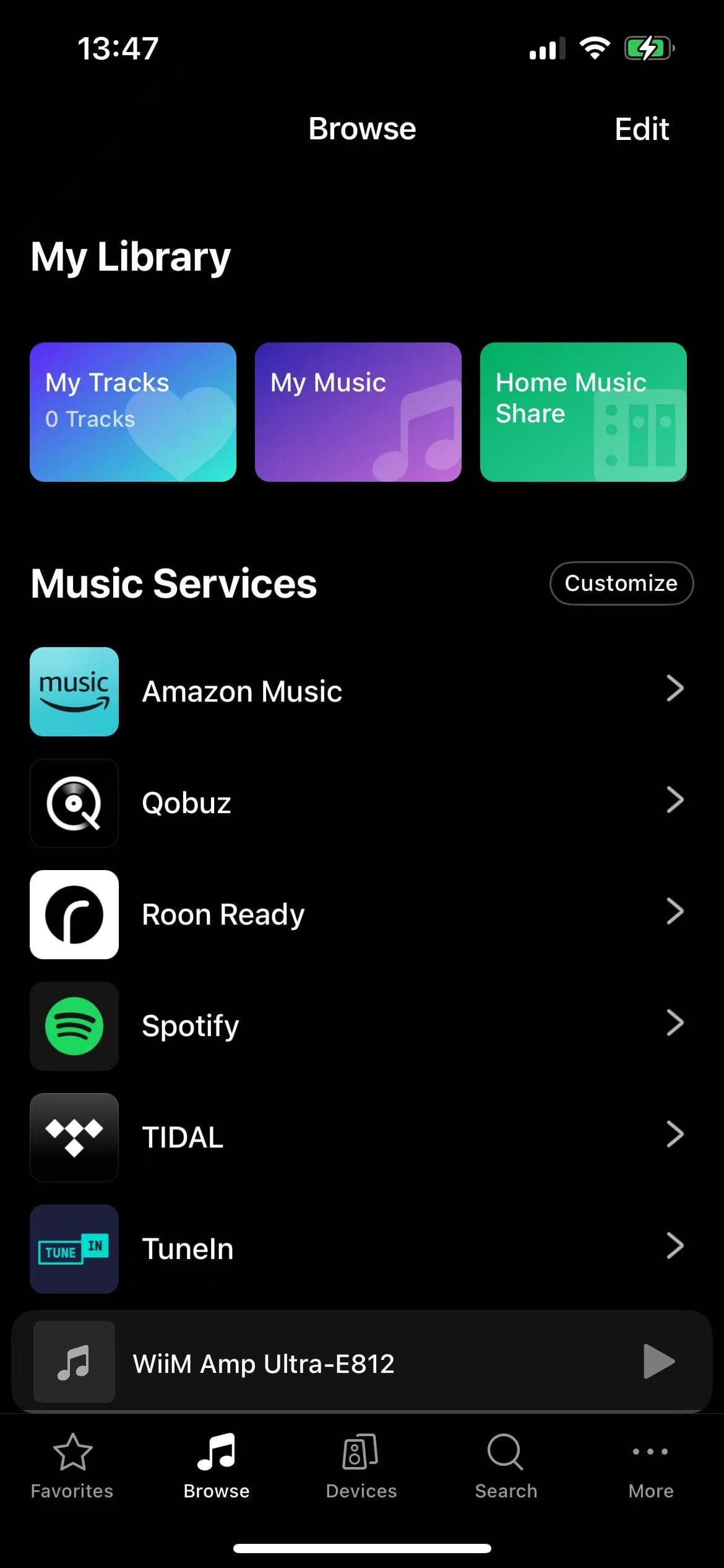 WiiM Home Browse screen showing Qobuz and TIDAL under Music Services