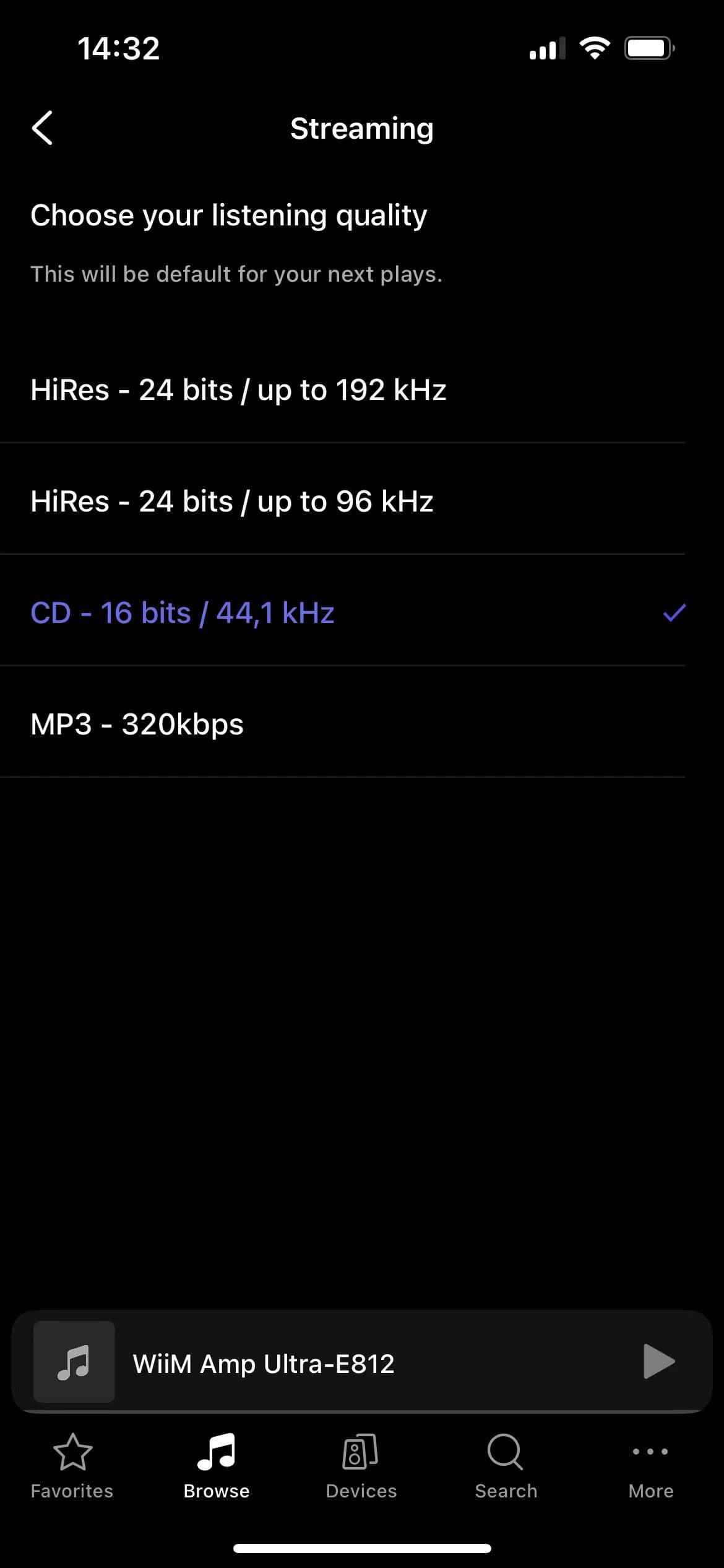 Qobuz streaming-quality choices in the WiiM Home app